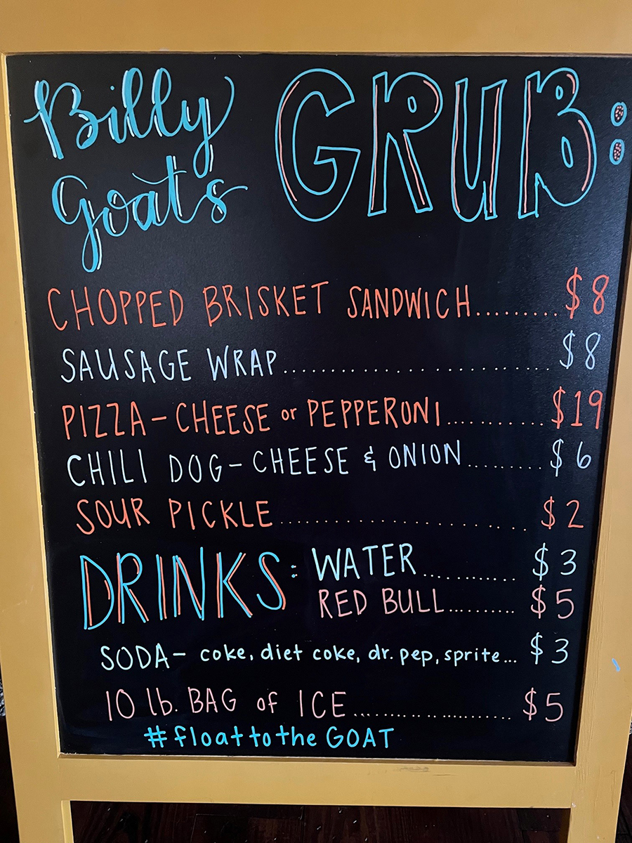 Current Menu from Billy Goat'/s NBTX - the Guadalupe's Only Float Up Bar and Grill